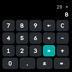 The calculator after 3.5 × 8 =