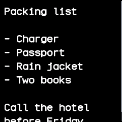 The notes app showing the top of a packing list